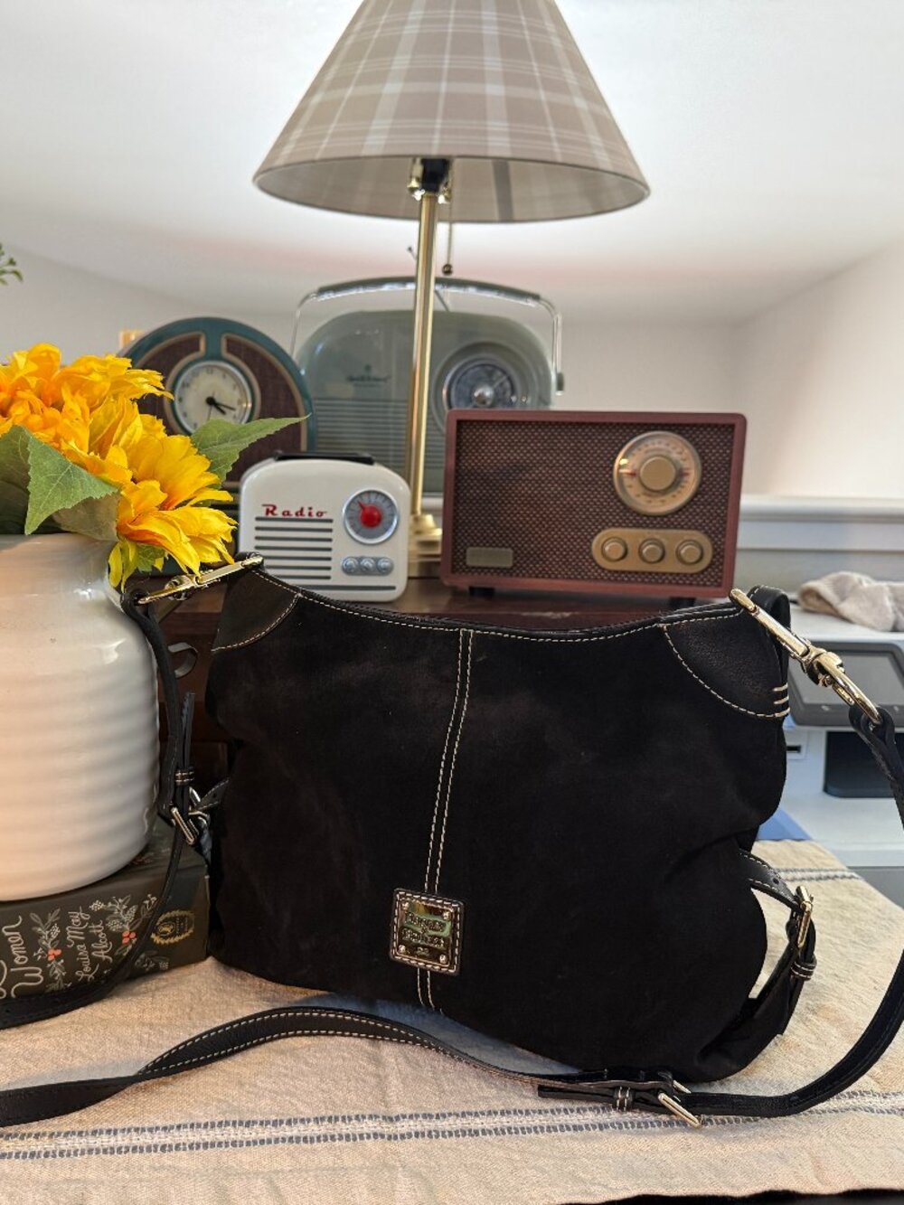 Vintage Dooney & Bourke Black Suede Shoulder Bag| Leather Trim | Silver Hardware